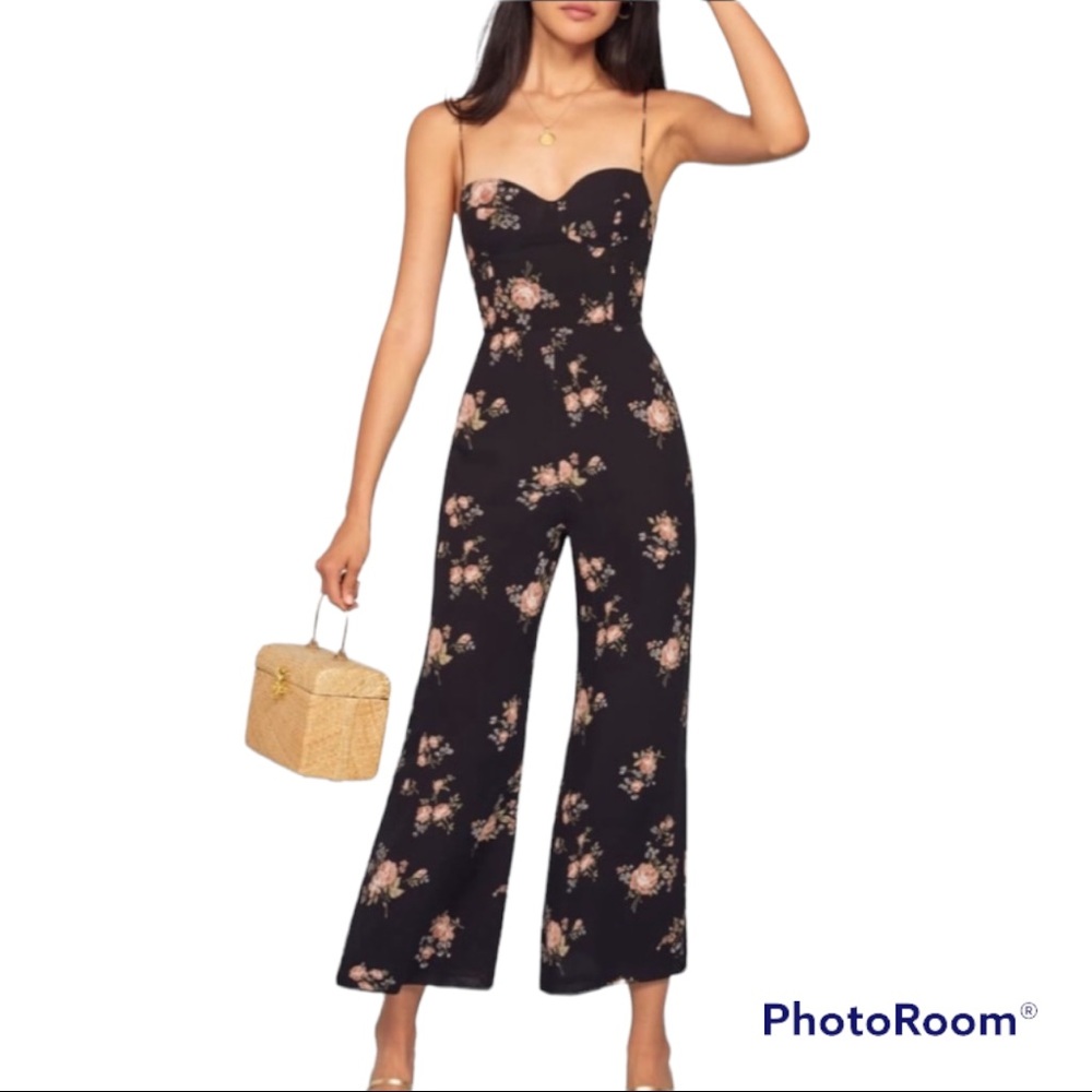 NWT reformation portia jumpsuit in black floral, size 8